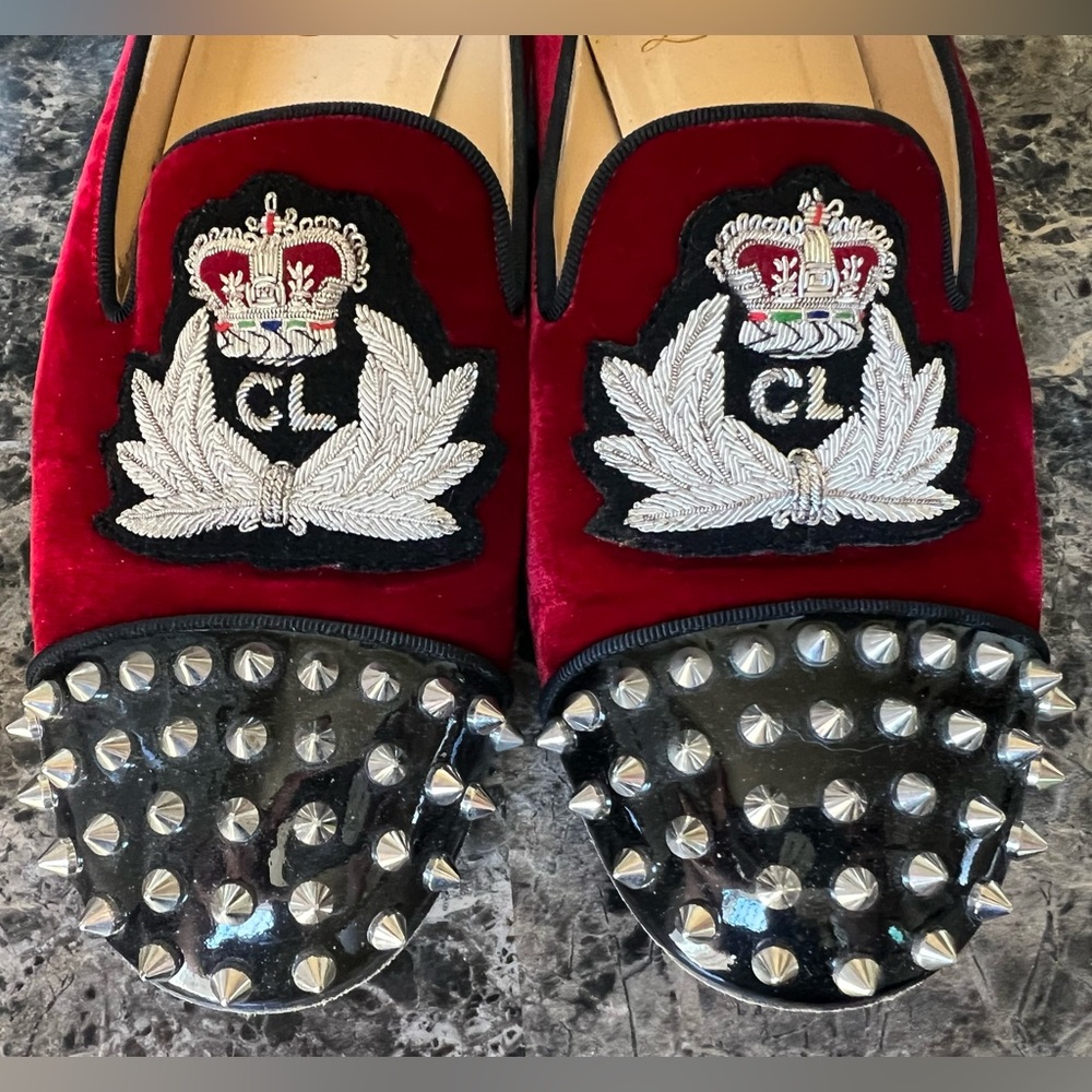 Christian Louboutin Velvet Slip On Loafer with Spiked Patent Leather Toe 41.5